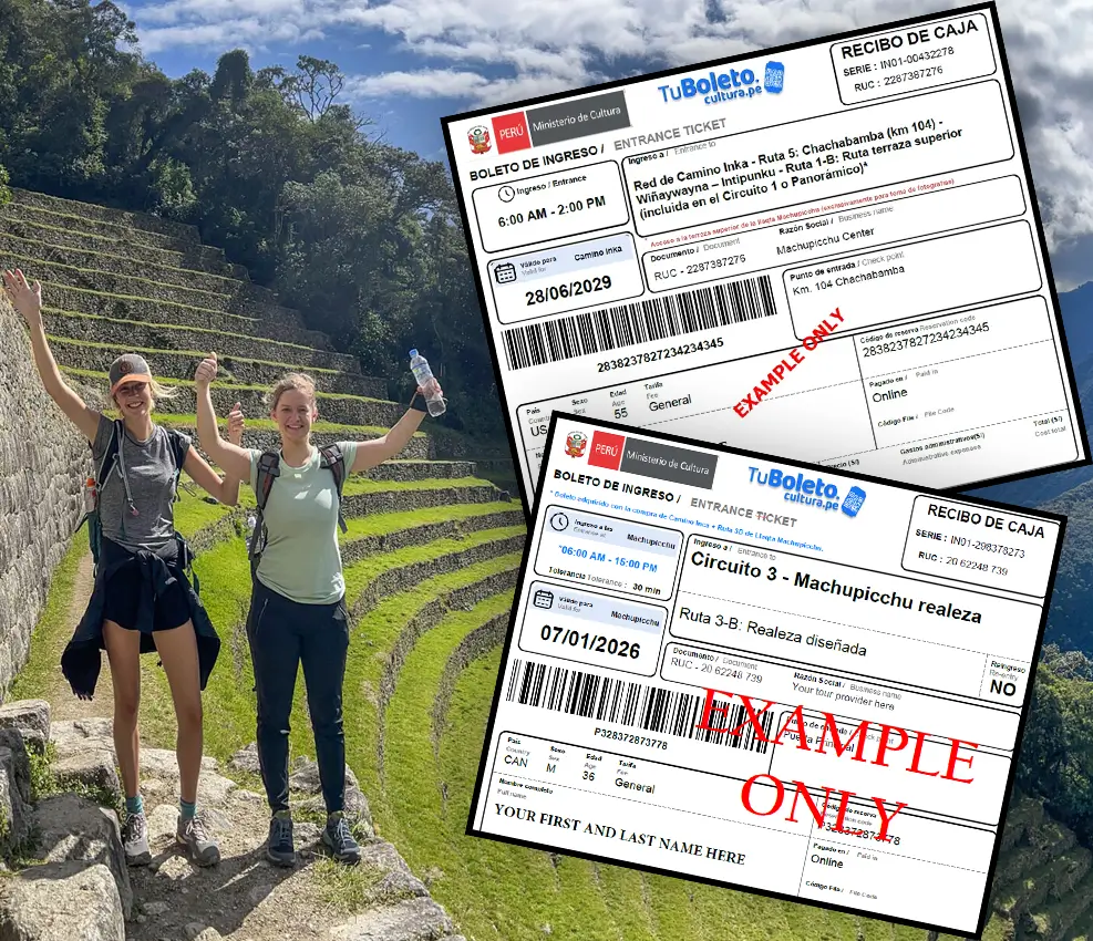 Official 2-day Inca Trail permit from KM104 to Machu Picchu ticket only with Day 1 Circuit 1C Sun Gate and Circuit 1B Upper Terrace plus Day 2 Circuit 3B Royalty Temples